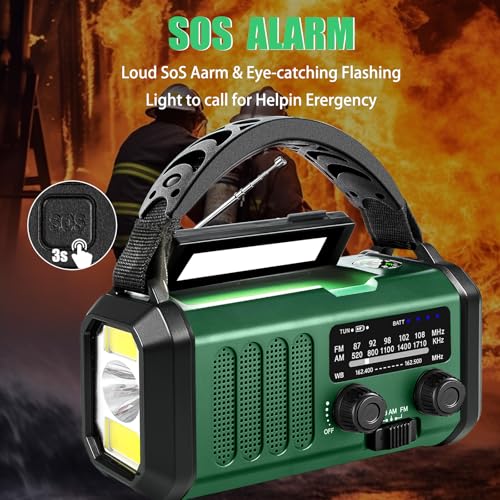 Emergency Weather Radio 20000mAh NOAA/AM/FM with 74000mWh USB/Solar/Hand Crank Charging, Battery Operated, SOS Alarm & Flashlight for Indoor/Outdoor Emergencies (Green) - Image 6