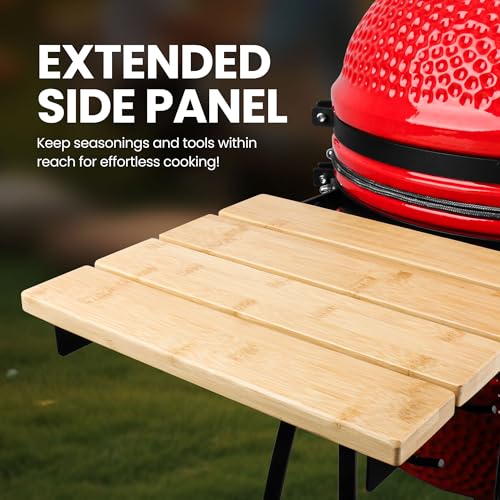 Image of London Sunshine 15-inch Ceramic Kamado Charcoal BBQ Grill & Smoker with Locking Casters, Foldable Side Shelves, Stainless Steel Grates, and Tall Stand (Red)