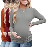 Ekouaer Maternity Long Sleeve Shirt 3Packs Round Neck Pregnancy Tops Casual Tee Top Shirts Caramel/Wine red/D.Grey Textile L