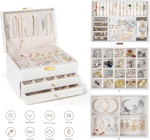 Image of Jewelry Box For Women Girl Wife 3 Layers Large Pu Leather Jewelry Organizer Storage Case With Two Drawers Display For Earrings Bracelets Rings Watches Design Jewelry Box, Jewelry Organizer (White)