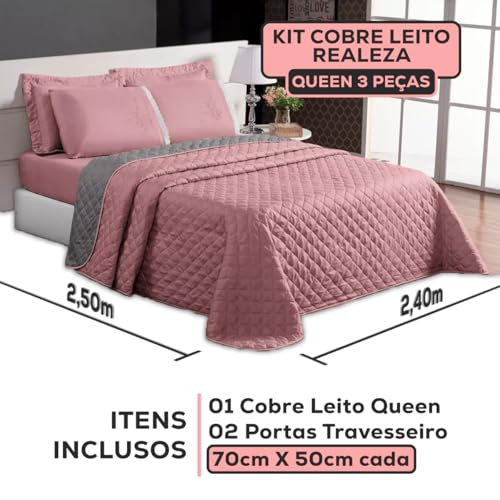 Cobre Leito Colcha para Cama de Casal Queen Dupla face 3 Peças Tecido Microfibra Acabamento Premium