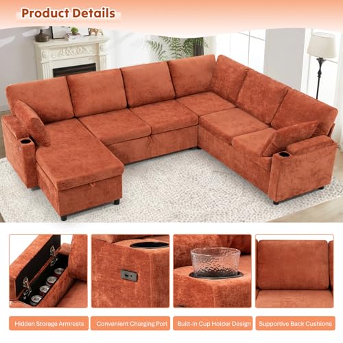 Image of 110 inch Chenille Sectional Sofa w /Pull Out Bed &Storage Chaise, Orange | Reversible U Shape Sofa w /Storage Armrests & Cup Holders, Corner Couch w /USB Charging Port & Throw Pillows for Living Room