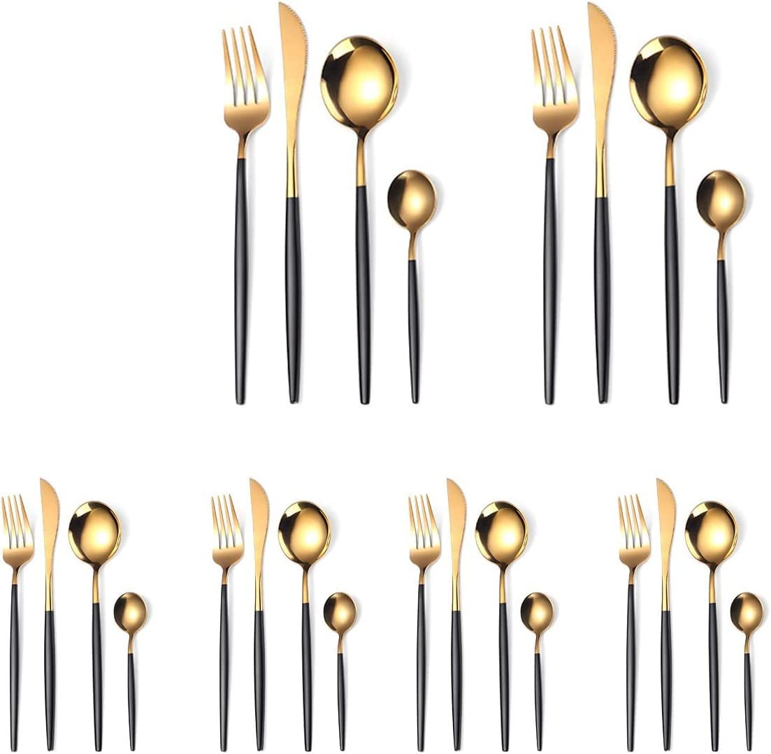 e World 24 Piece Premium Luxury Western Stainless Steel Cutlery Set, Kitchen Knives Forks & Spoons Set Dinnerware Set Black & Gold For Home, Hotels and Restaurants.