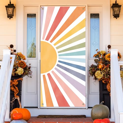 MKIJUHB Vintage Boho Sun Door Cover Boho Colorful Sunshine Decoration Doorway Door Curtains Banners Backdrop Background Decor for Home Bedroom Indoor Outdoor Decorations 35 * 79 Inch