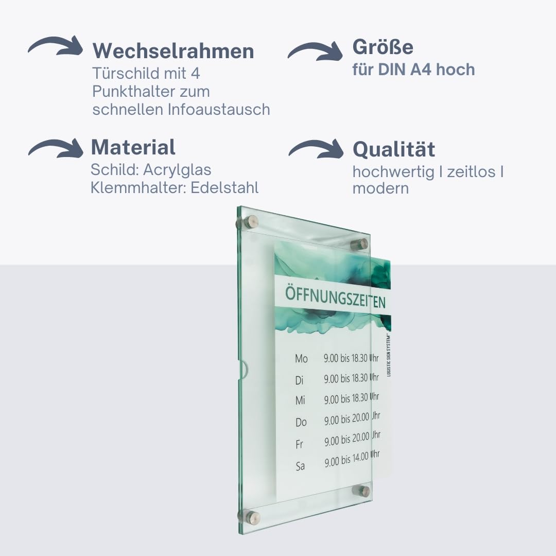 Wechselrahmen, schnelles austauschen von Informationen mit Edelstahlhaltern, für Praxis, Büro, Kanzlei (ACRYLGLAS, DIN A4 hoch)