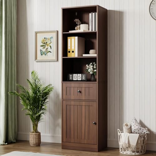 Furnify Farmhouse 71" Tall Bookshelf with Drawer, Narrow Bookcase with Adjustable Left/Right Door, Adjustable Shelf, Freestanding Display Book Shelf for Bedroom,Living Room, Office, Walnut