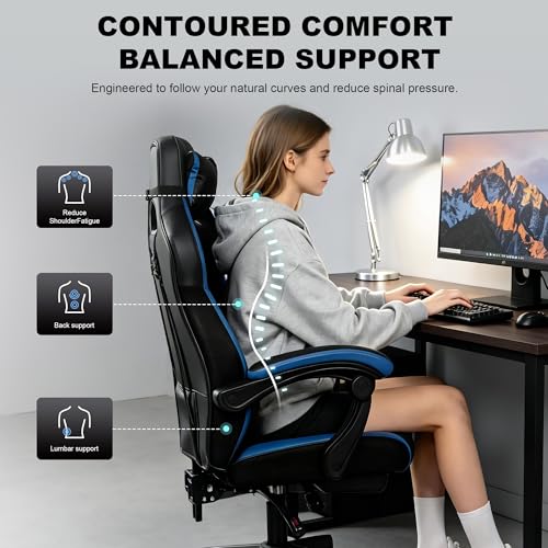 Image of Ergonomic Big and Tall Gaming Chair 400lbs Heavy Duty Computer Office Desk Chair with Footrest, Comfortable Pocket Spring Cushion & Linkage Armrests for Adults Blue