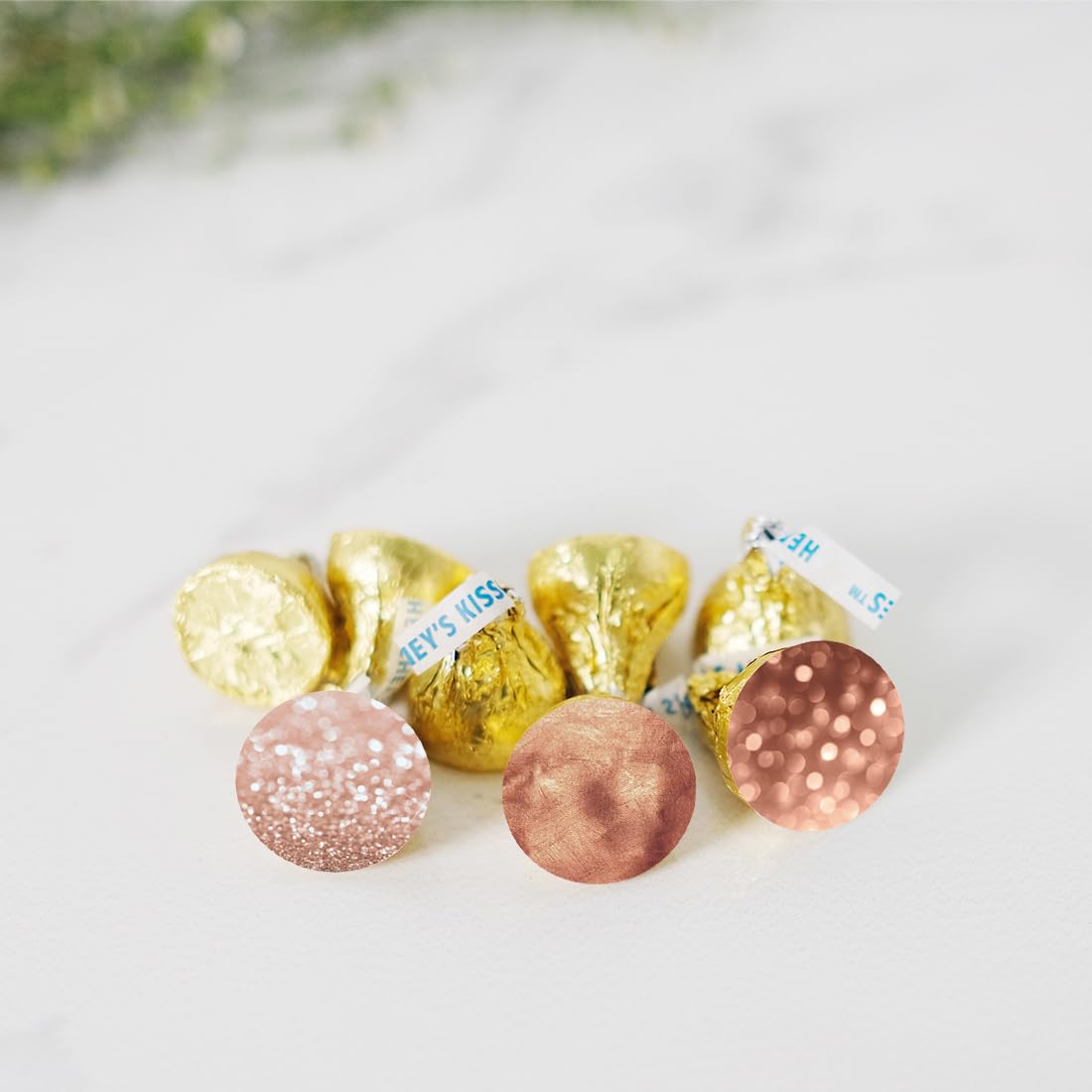 Andaz Press Glitzy Faux Rose Gold Glitter Milestone Chocolate Drop Labels Trio, Graphic Designs, 240-Pack, Not Real Glitter, Fits Kisses Party Favors Colored Baby Shower Supplies