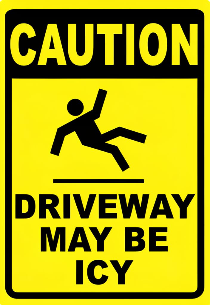 peiyeety Caution Driveway May Be Icy Tin Sign 12x8 Inch, Yellow & Black Warning Metal Plaque, Bold Safety Notice Wall Decor for Garage, Driveway, Workshop, Shed, Winter Home Safety Gift