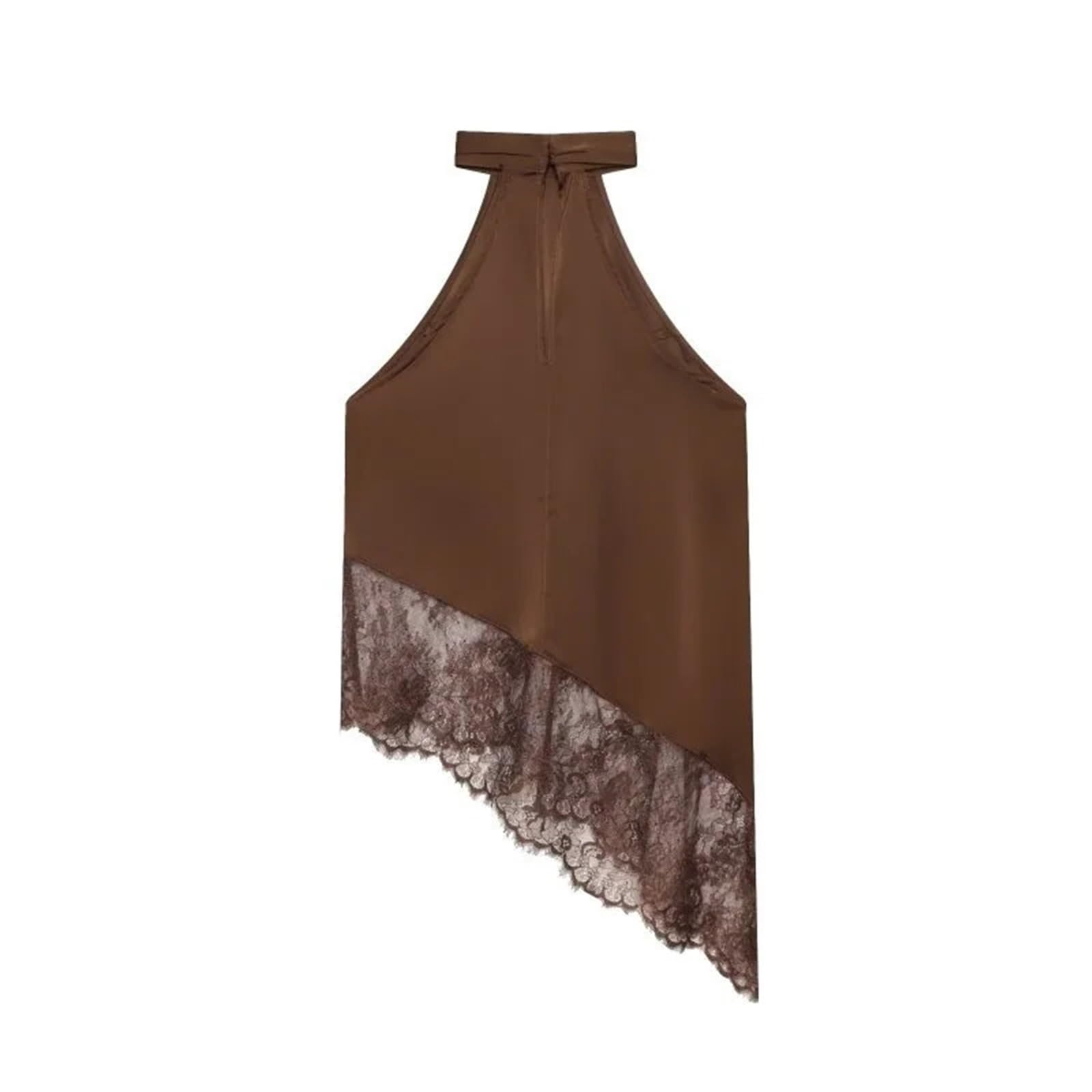 Top de satén con Cuello Halter y Encaje asimétrico sin Espalda | Camiseta sin mangas, blusa de verano, ropa de noche sexy, traje elegante for mujer