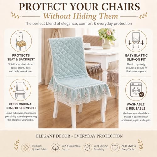 Image of HOMETHREADS Vintage Dining Chair Protector Cover, Quilted Cotton with Lace Frills, Easy Slip-On Design, Protects Seat & Backrest While Keeping Chair Visible, Washable & Reusable, Green (Pack of 2)