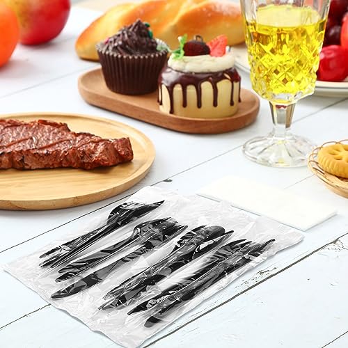 Uiifan 200 Set 800 Pcs Plastic Silverware Sets Individually Wrapped Plastic Utensils Cutlery Bulk Disposable Knife Fork Spoon Napkin Kit for Lounge Wedding Picnic BBQ Camping Party Accessories (Black)