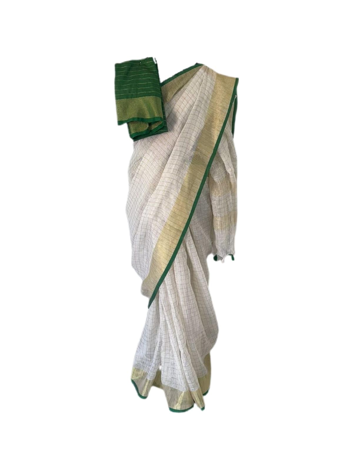 Women's Handloom Bhagalpuri Pure Linen Saree | Traditional Off White and Gold Checks | Onam Special Kerala Style | Temple And Wear Saree With Contrast Blouse Piece-image-21