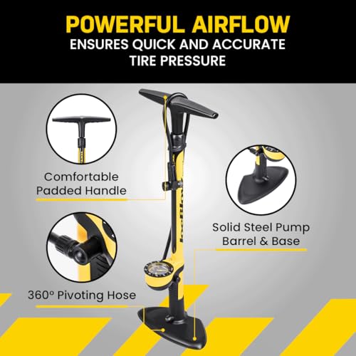 Image of Topeak JoeBlow Sport III High-Pressure Bike Floor Pump - 160 PSI, Durable Steel Barrel, 3 inch Analog Gauge, TwinHead DX5 Pump Head, Long Hose, Ergonomic Handle, Fits Presta, Schrader, & Dunlop Valves | floor-bike-pumps