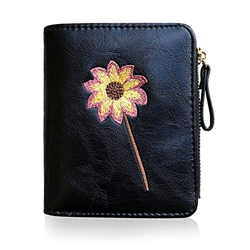 Image of AOXONEL Womens Rfid Small Compact Bifold Wallet,Cute Mini Zipper Card Coin Purse for Girls (Black)