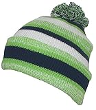 Best Winter Hats Quality Striped Variegated Cuffed Beanie W/Large Pom (L/XL) - Navy/Neon Green