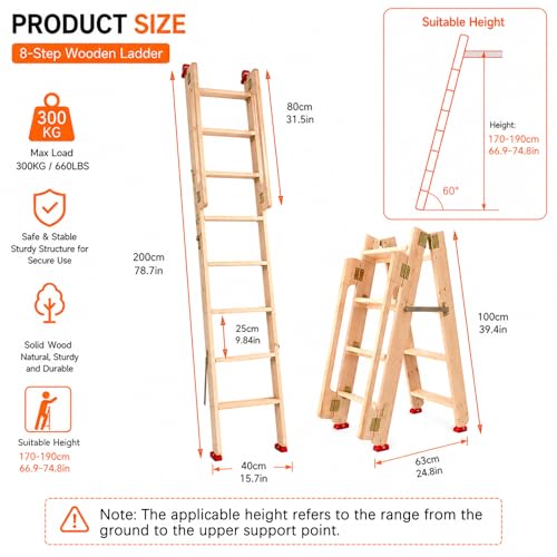 Image of 6.5ft Folding Wooden Loft Ladder, 8 Steps Rolling Library Ladder with Dual Handrails, Industrial Style SolidWood Step Ladder, Portable Loft Attic Ladder, 660LBS, for Attic, Warehouse, Library