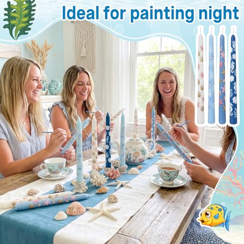 Treela 48 Pcs DIY Candle Painting Kit, 10 Inch Candlesticks, Acrylic Paint Strips, Palettes, Painting Brushes for Summer Pool Beach Party Adult Crafts, Blue Birthday Wedding Home Decor(Blue,White) by Treela - Image 4