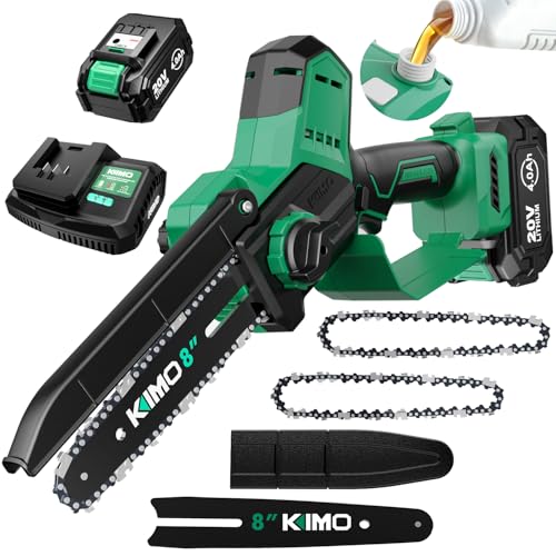 Image of KIMO Brushless Electric Chainsaw Cordless, 4.0Ah Battery & Fast Charger, Handheld Chain Saw with Auto Oiler, Battery Powered Chainsaw Electric for Tree Trimming, 34 FT /S Cutting Speed, 8-INCH