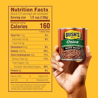 BUSH'S BEST 16 oz Canned Onion Baked Beans, Source of Plant Based Protein and Fiber, Low Fat, Gluten Free, (Pack of 12)