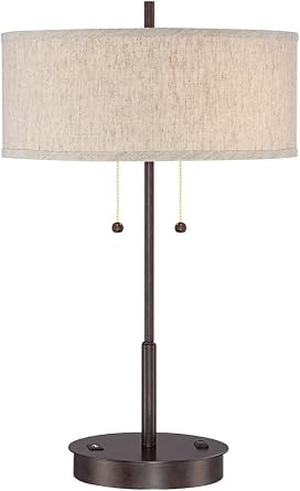 360 Lighting Nikola 23 1/2" High Modern Accent Table Lamp with USB Charging Ports A+C and AC Power Outlet in Base Bronze Fabric Drum Shade Bedroom Living Room House Desk Bedside Nightstand Office