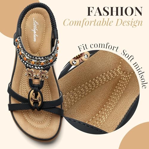 Littleplum Womens Sandals Arch Support Bohemian T-Strap Flower Rhinestone Sandals Women's Non Slip Summer Beach Flat Sandals Black Size 6 by Littleplum - Used condition - Image 3