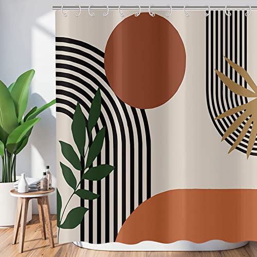 Mid Century Boho Duschvorhang, Abstrakter Sonnenbogen und grünes Palmenblatt, Badvorhang, minimalistisch, geometrisch, Polyester, wasserdicht, Badezimmervorhang mit 12 Haken 71"x79" Cover