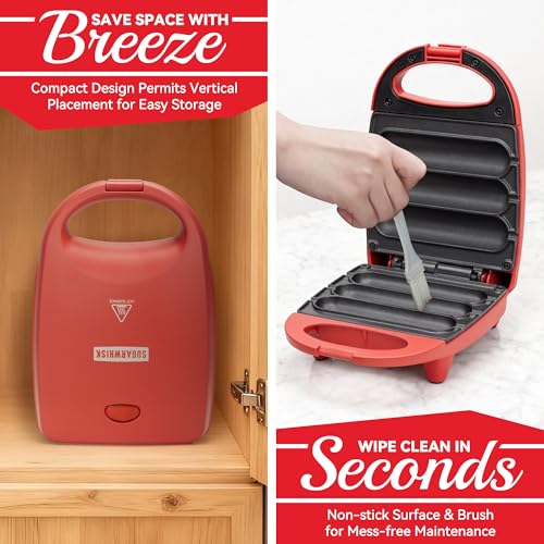 Image of SugarWhisk Electric Corn Dog Maker, Fryer for 3 Mini Corn Dogs on Stick, Cheese Mozzarella Sticks & Treats, Corndog Maker Machine, Hot Dog Machine, Brush Included, Red
