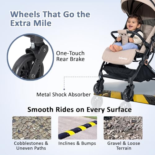 Image of Infantso RIDE-X Premium Baby Stroller / Pram Auto Fold with 5 Points Safety Harness, Multi Level seat Recline & Spacious Cushioned seat, One-Hand Fold and 360 Rotating Wheels, Travel Friendly, Extendable Canopy, Adjustable Footrest, Shock Absorption Wheels, Lightweight Stroller for 0 to 3 Years (Beige)