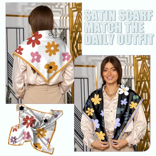 2PCS Scarf Silk Feeling Satin Head Hair Wrap Lightweight Large Square Fashion Cute Aesthetic 27.5 Inches for Women-Flowers4