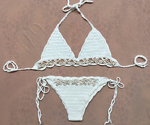 Women's Handmade Knitted Seashell Triangle Halter Bralette Cheeky Sexy Crochet Bikini Set2