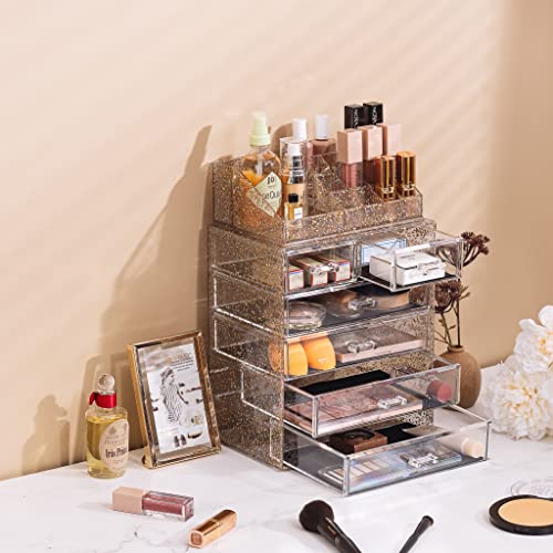 Image of Sorbus Acrylic Makeup Organizer Set, 6-Drawer Vanity & Countertop Cosmetic Storage with Small & Wide Compartments, Glitter Makeup Storage for Brushes, Jewelry - Holiday Gift for Women & Teens