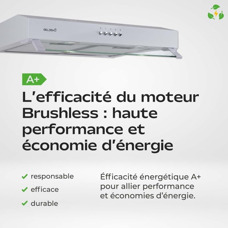 Hotte casquette Rivage 60 cm en blanche - Performance A+ design extra-plat Beldeko - 5