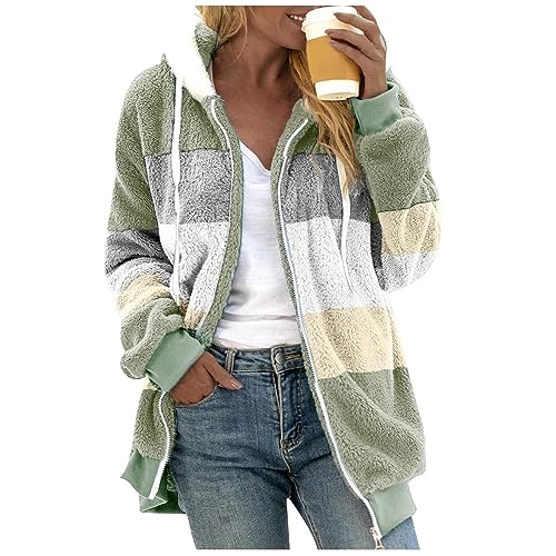 Fuzzy Fleece Jackets for Women Plus Size Hoodies Fall Winter Coats Color Block Patchwork Cardigan Coat with Pockets