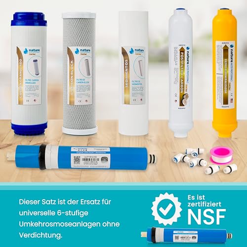 NATURE WATER PROFESSIONALS - Set mit 5 Universalfiltern für Umkehrosmose — beinhaltet Vontron 50GPD Membran, Teflonrolle, Stecker und T — ideal für universelle 6-stufige Geräte —
