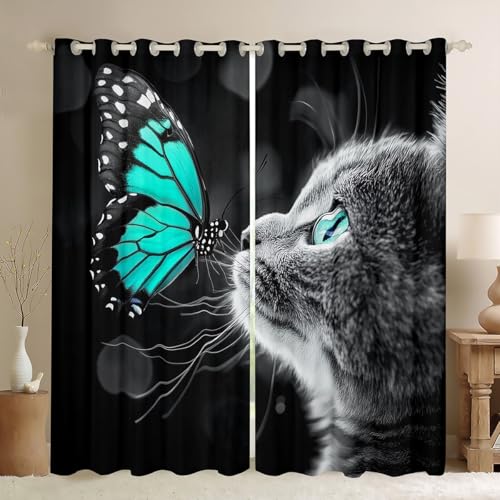 Feelyou Cute Cat Blackout Curtains (2 Panels, 42 x 90 Inch) Butterfly Darkening Drapes Kawaii Pet Kitten Curtains for Bedroom Living Room