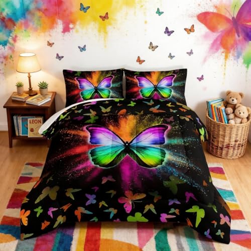 HOSIMA Colorful Butterfly Bedding Comforter Sets with 2 Pillowcases,Lightweight All