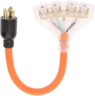 30 Amp to 110 Adapter Generator Power Locking Cord, 4 Prong 30 Amp to 15 Amp Generator Adapter, NEMA L14-30P Male to 4 x 5-15/20R T-Blade Household Outlet Female with Dust Protection Caps, 1.5 FT