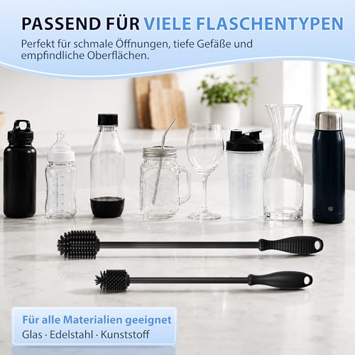 JAWAonline Spülbürsten Set 32cm und 24cm - Flaschenbürste Silikon schonend und kratzfrei - Flexible Flaschenreiniger Bürste - Premium Bottle Brush - Reinigungsbürste für kleine und große Flaschen
