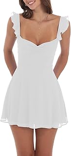 Women Summer Mini Cami Dress Solid Color Sleeveless Open Back Smocked Waist Mesh Dress