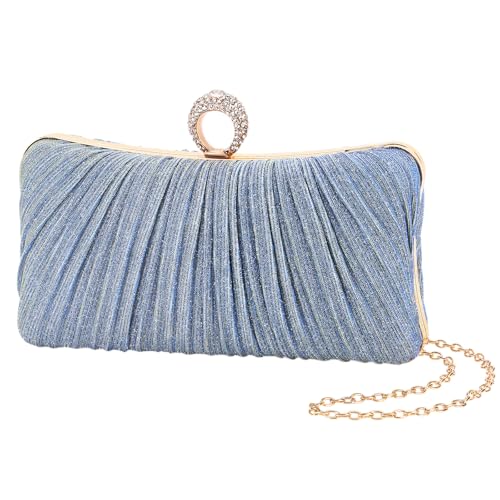 Image of Womens Golden Glitter Clutch Purse Pleated Evening Bag for Bridal Wedding Party with Rhinestone Ring