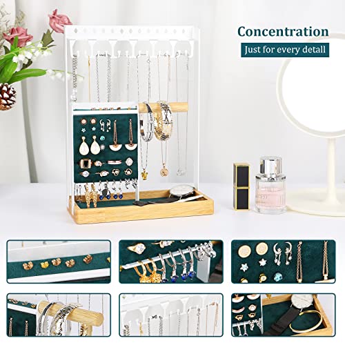 Jewelry Holder Organizer Stand Necklace Holder, 4-Tier Jewelry Tower Rack With Earring Tray And Velvet Pad, 12 Hooks Necklaces Hanging Storage Tree Display For Bracelets Watches Gift For Women White #TOP1