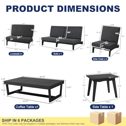 Image of Pia Ricoo 6-Piece Patio Furniture Set, Outdoor Sectional Sofa with Loveseat, 2 Chairs, Coffee Table & Side Table, All-Weather Conversation Set for Backyard /Deck /Lawn - Dark Gray /Dark
