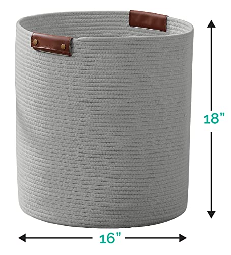 Organizix Large Cotton Rope Laundry Hamper Woven Basket With Leather Handles, Storage Basket For Toys, Blanket, Throws, Pillows And Towels - 16 X 18, Gray #TOP5
