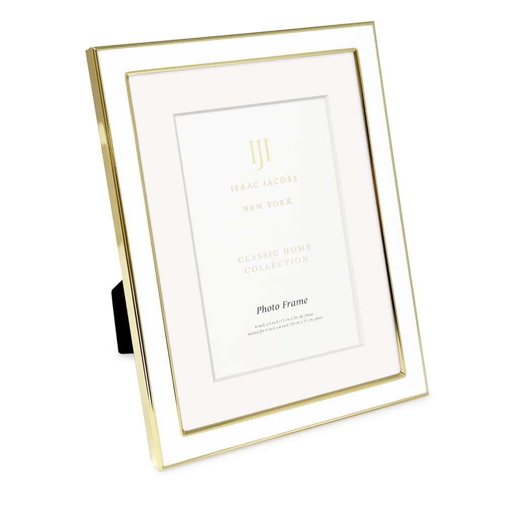 Isaac Jacobs White Enamel Matte Picture Frame with Gold Metal Border and Easel, Wall Decoration, Photo Gallery, 6x8 inches (Mat 4x6 inches), White with Gold