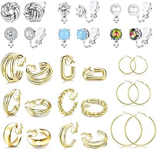 Adramata 15 Pairs Clip on Earrings Women Cubic Zirconia Non Pierced Gold Clip on Earrings CZ Crystal Clip on Hoop Earrings for Women Girls Hypoallergenic Clip Earrings Jewelry