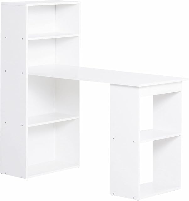 HOMCOM 120cm Modern Computer Desk Bookshelf Study Table Workstation PC Laptop Writing Home Office 6 Shelves White