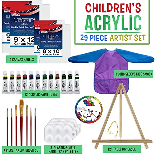 U.s. Art Supply 29-Piece Children's Acrylic Paint Artist Set With 12 Paint Colors, 7 Brushes, 12" Easel, 4 Canvas Panels, 3 Painting Palettes, Color Mixing Wheel, Kids Smock - Fun School Arts & Crafts #TOP1