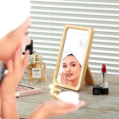Jasefa Natural Bamboo Desk Table Mirror, Folding Makeup Mirror With Handheld/Stand,Portable Small Tabletop Mirror Good For Travel, Cosmetic, Office,5.1" W X 7.5" L #TOP3