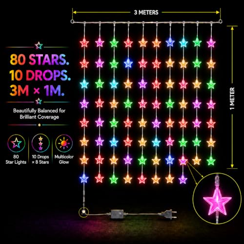 Image of Gesto Star Curtain Fairy Lights for Decoration - 80 Led String Lights with 8 Modes Changer | Multicolor Decorative Lights for Home Decor, Room,Wall, Balcony, Christmas & Diwali Decoration- 10x3 Ft